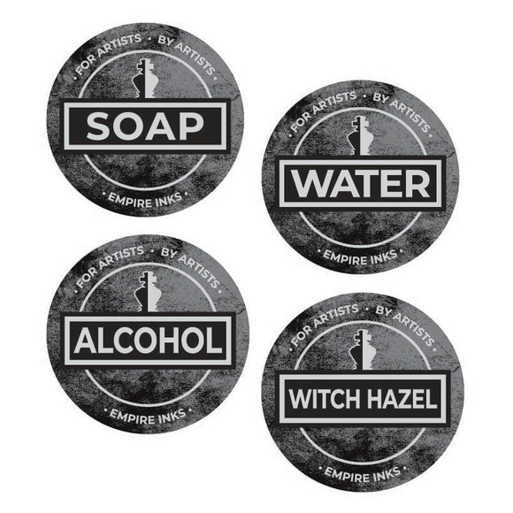 Soap, Water, Alcohol, Witch Hazel Labels